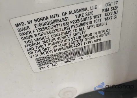 2012 Honda Pilot Touring z USA, uszkodzony, nr VIN 5FNYF4H96CB064237